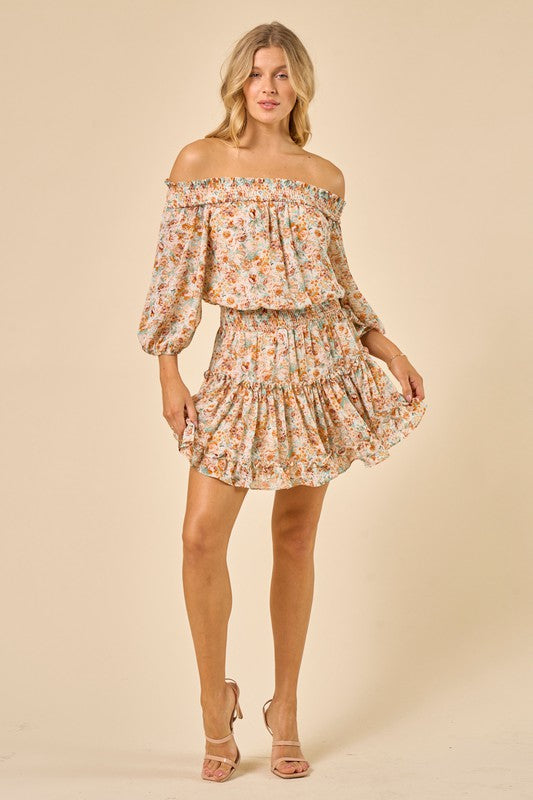 Printed Off The Shoulder Smocking Dress