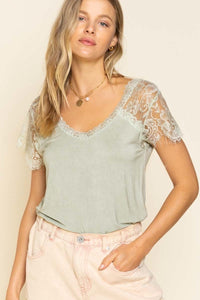 Wide Neck Eyelash Lace Trim Sleeve Top